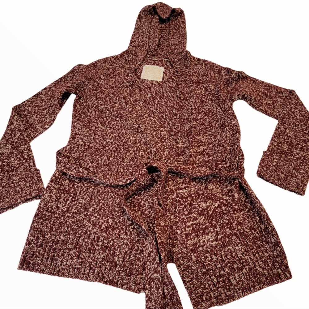 Love Rocks Hooded Open Front Cardigan With Belt Burgundy Ivory Size Medium